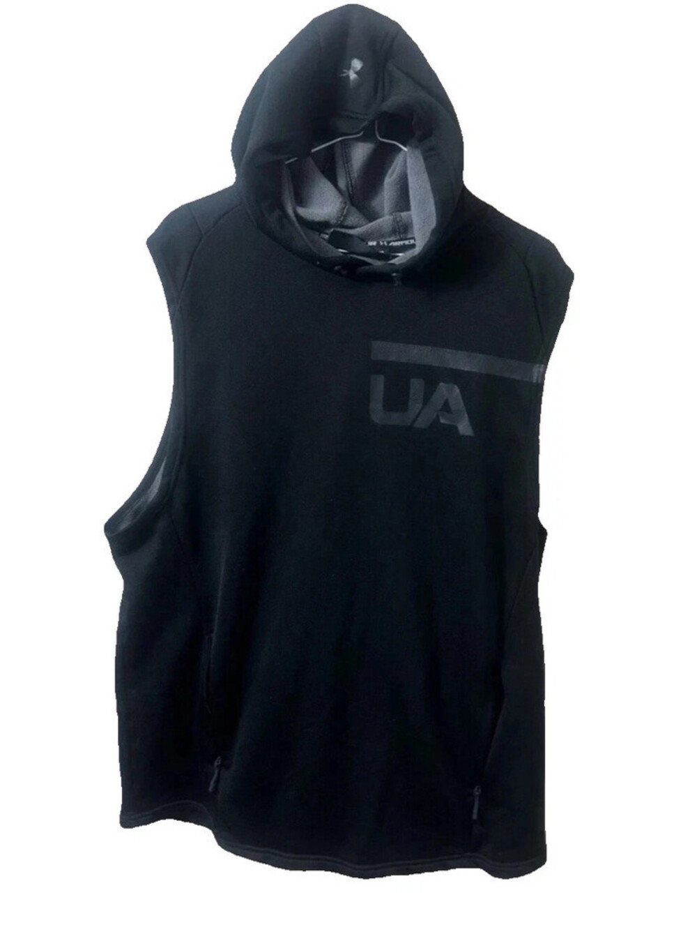Under Armour Mens Sleeveless Hoodie L Black Tech Terry UA Gym Workout Vest Top